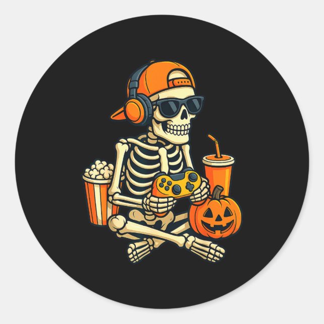 Halloween Skeleton Gamer Video Gaming Boys Men Kid Classic Round Sticker (Front)