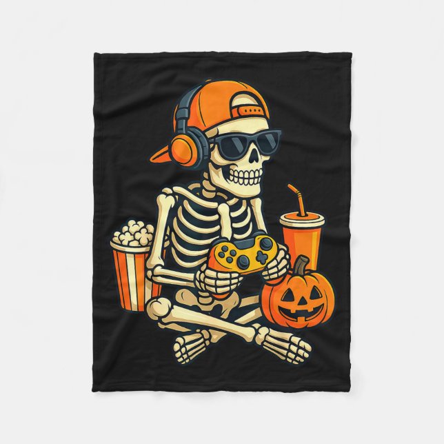 Halloween Skeleton Gamer Video Gaming Boys Men Kid Fleece Blanket (Front)