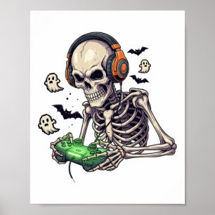 Halloween Skeleton Gamer Video Gaming Boys Men Kid Poster