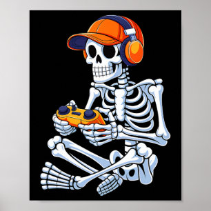 Halloween Skeleton Gamer Video Gaming Boys Men Kid Poster
