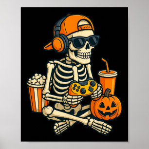 Halloween Skeleton Gamer Video Gaming Boys Men Kid Poster