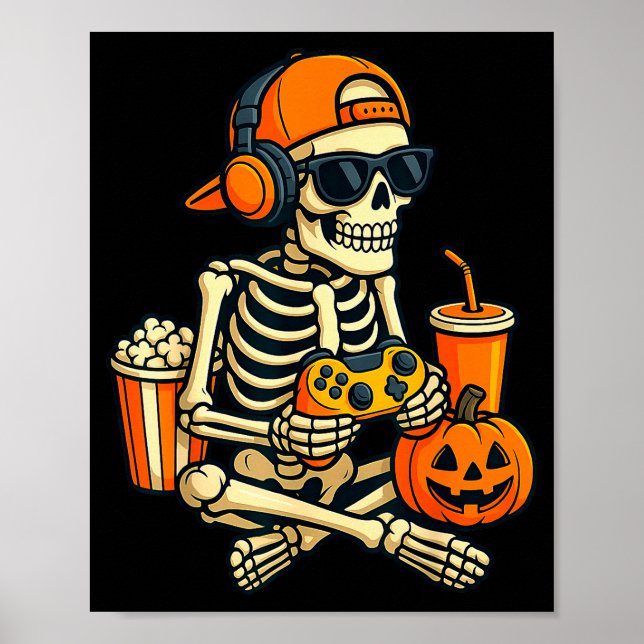 Halloween Skeleton Gamer Video Gaming Boys Men Kid Poster (Front)