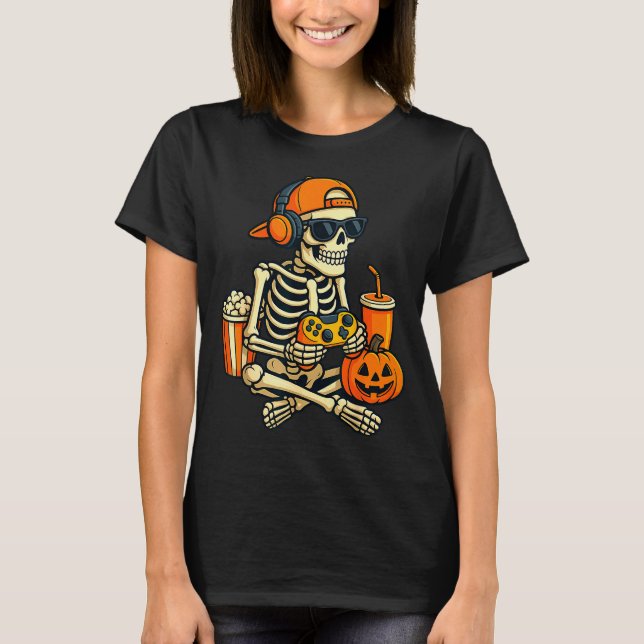 Halloween Skeleton Gamer Video Gaming Boys Men Kid T-Shirt (Front)