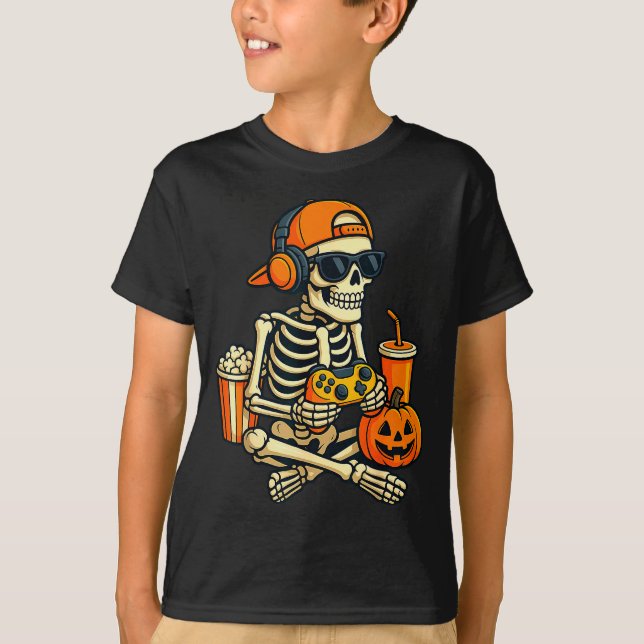 Halloween Skeleton Gamer Video Gaming Boys Men Kid T-Shirt (Front)