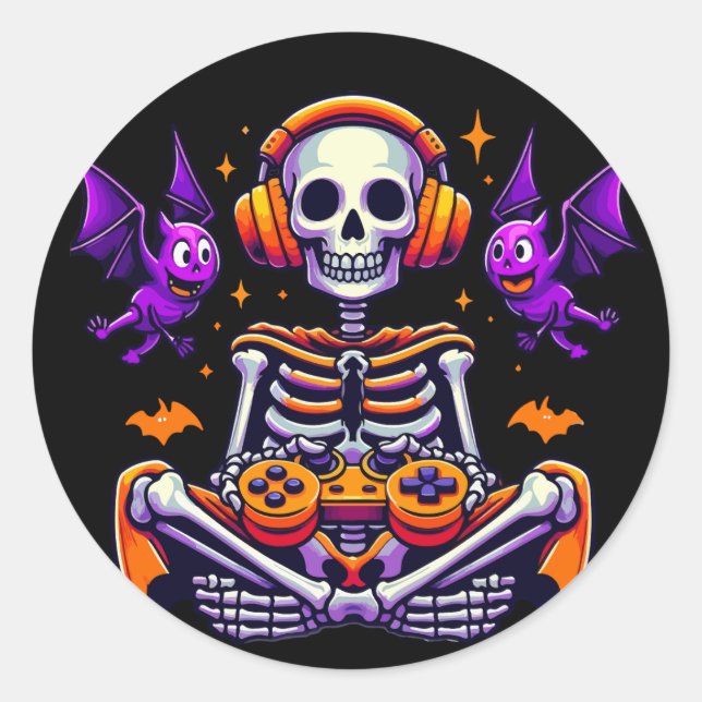 Halloween skeleton gamer video gaming classic round sticker (Front)
