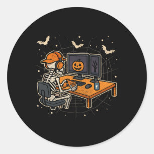 Halloween Skeleton Gamer Video Gaming Funny Skelet Classic Round Sticker