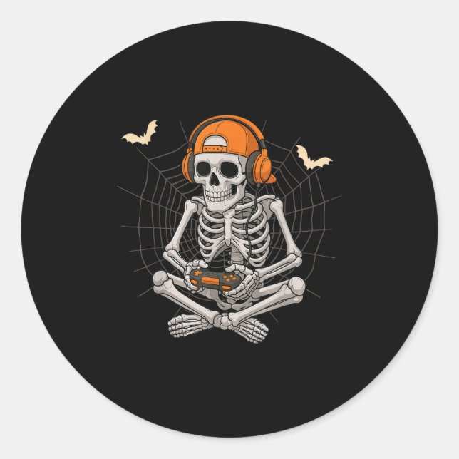 Halloween Skeleton Gamer Video Gaming Funny Skelet Classic Round Sticker (Front)