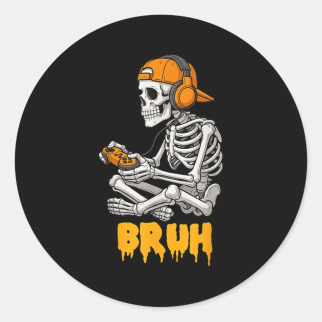 Halloween Skeleton Gamer Video Gaming Funny Skelet Classic Round Sticker (Front)