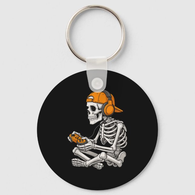 Halloween Skeleton Gamer Video Gaming Funny Skelet Key Ring (Front)