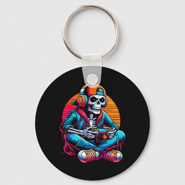 Halloween Skeleton Gamer Video Gaming Key Ring (Front)