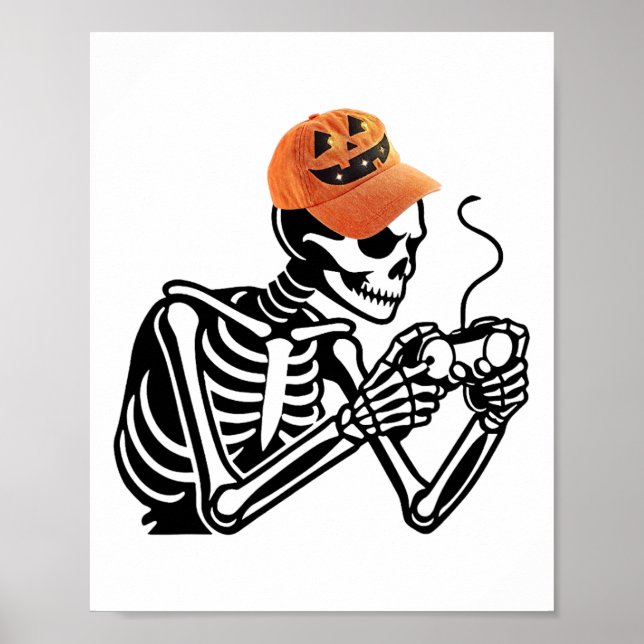 Halloween Skeleton Gamer Video Gaming Men Boys Kid Poster (Front)
