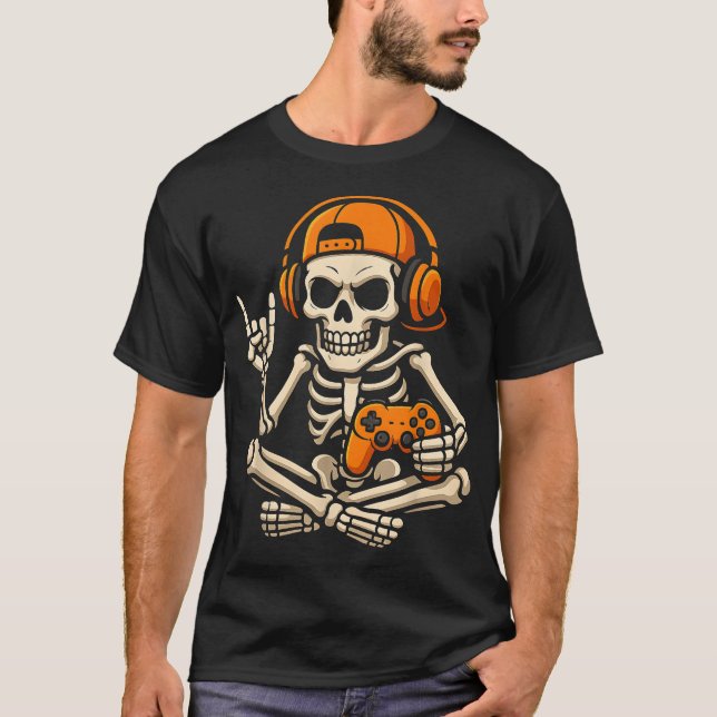 Halloween Skeleton Gamer Video Gaming Teenage Boy  T-Shirt (Front)