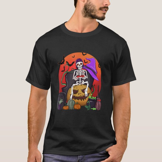 Halloween Skeleton Gamer With Controller Graveyard T-Shirt (Front)
