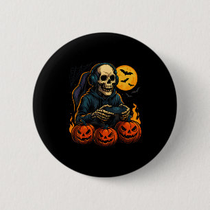 Halloween Skeleton Gamer With Pumpkins Controller 6 Cm Round Badge