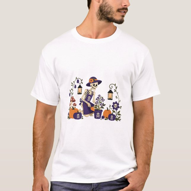 Halloween Skeleton Gardener Pumpkin Patch T-Shirt (Front)