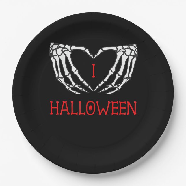 Halloween Skeleton Hands Forming Heart Gothic Paper Plate (Front)