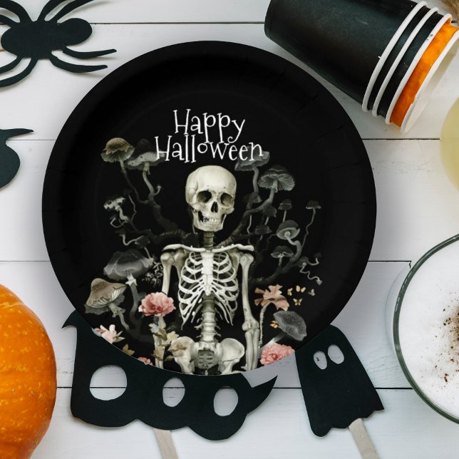 Halloween Skeleton Haunted Forest Black Paper Plate (Creator Uploaded)