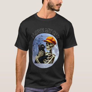 Halloween Skeleton Holding A Cat Under The Full Mo T-Shirt