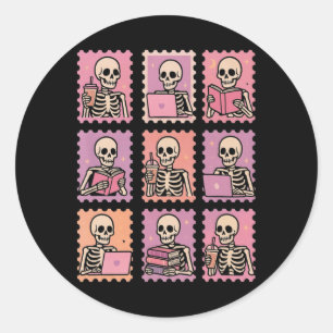Halloween Skeleton Holding Coffee Postage Stamps S Classic Round Sticker