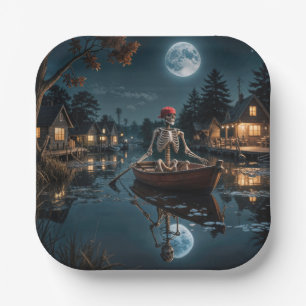 Halloween Skeleton In a Rowboat Paper Plate