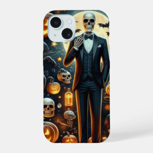 Halloween Skeleton in a Tux with Pumpkin & Ghosts iPhone 15 Case