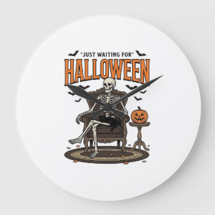 Halloween Skeleton Just Waiting Funny Vintage_1 Large Clock