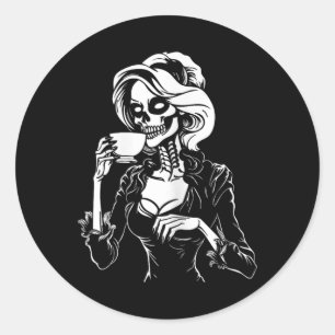 Halloween Skeleton Lazy Skull Drinking Coffee Cost Classic Round Sticker