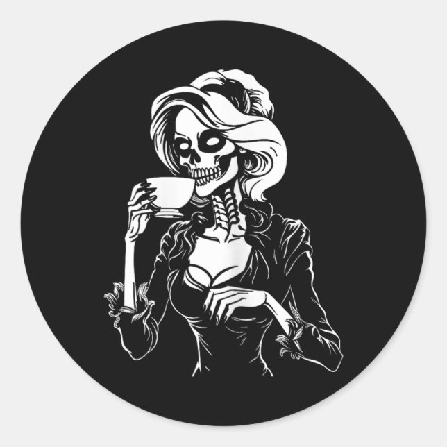 Halloween Skeleton Lazy Skull Drinking Coffee Cost Classic Round Sticker (Front)
