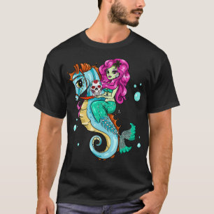 Halloween Skeleton Mermaid Sugar Skull Sea Horse T-Shirt