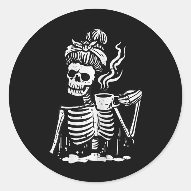 Halloween Skeleton Messy Bun Coffee Funny Costume  Classic Round Sticker (Front)