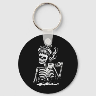 Halloween Skeleton Messy Bun Coffee Funny Costume Key Ring