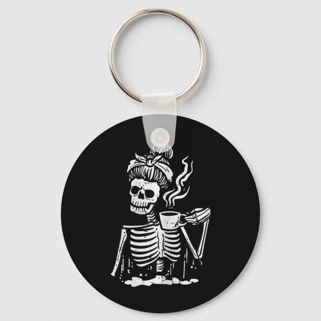 Halloween Skeleton Messy Bun Coffee Funny Costume  Key Ring (Front)