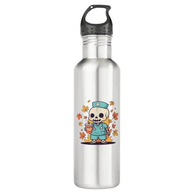 Halloween Skeleton Nurse With Coffee Classic T-Shi 710 Ml Water Bottle (Front)