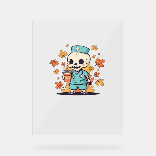Halloween Skeleton Nurse With Coffee Classic T-Shi Acrylic Sign (Front)