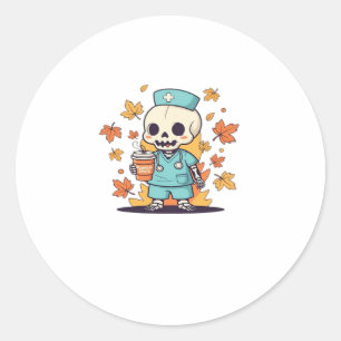 Halloween Skeleton Nurse With Coffee Classic T-Shi Classic Round Sticker