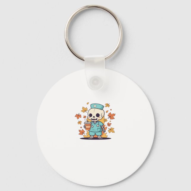 Halloween Skeleton Nurse With Coffee Classic T-Shi Key Ring (Front)