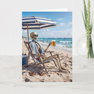 Halloween Skeleton on a Beach with Beer Card