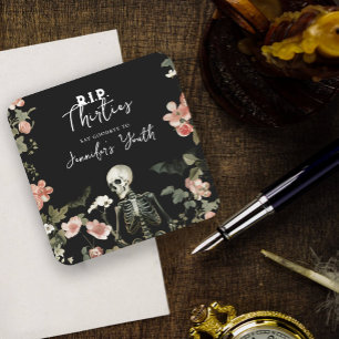 Halloween Skeleton Pink Floral 40th Birthday Party Square Paper Coaster
