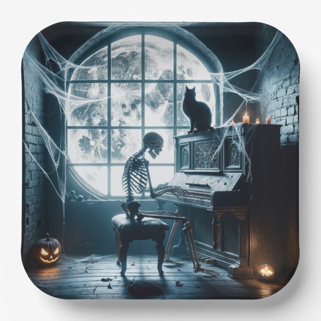 Halloween Skeleton Playing a Piano Paper Plate (Front)