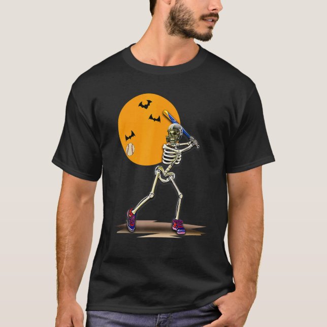 Halloween Skeleton Playing Baseball Player Kids Bo T-Shirt (Front)