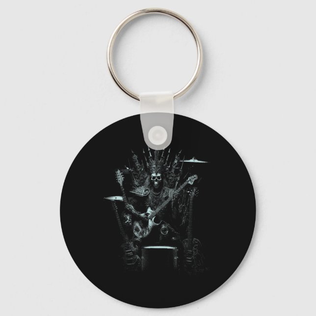 Halloween Skeleton Playing Guitar Throne Rock And  Key Ring (Front)