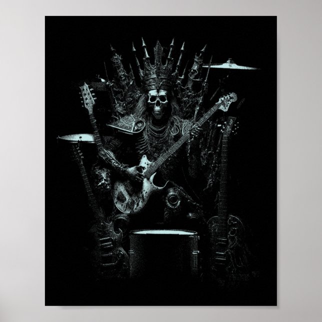 Halloween Skeleton Playing Guitar Throne Rock And  Poster (Front)