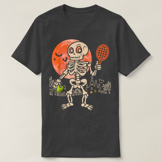 Halloween Skeleton Playing Tennis Funny Player Coa T-Shirt (Design Front)