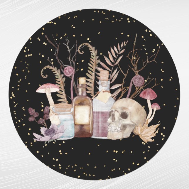 Halloween Skeleton Potions Mushrooms Floral Classic Round Sticker (Creator Uploaded)
