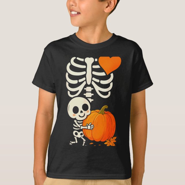 Halloween Skeleton Pregnancy Announcement Soky Mom T-Shirt (Front)