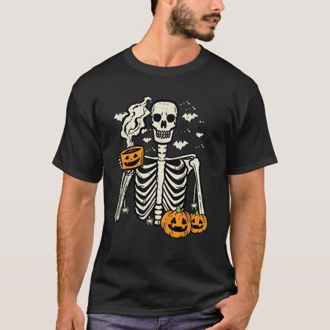 Halloween Skeleton Pumpkin Fall Coffee Fun Costume T-Shirt (Front)
