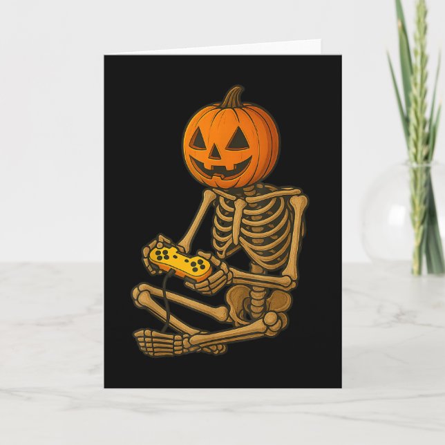 Halloween Skeleton Pumpkin Gamer Video Gaming Men  Card (Front)