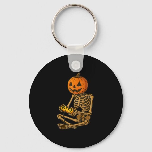 Halloween Skeleton Pumpkin Gamer Video Gaming Men  Key Ring (Front)