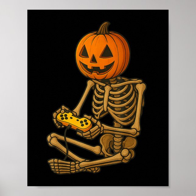Halloween Skeleton Pumpkin Gamer Video Gaming Men  Poster (Front)
