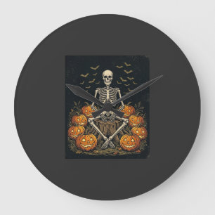 Halloween Skeleton Pumpkin Vintage Retro Design_1 Large Clock